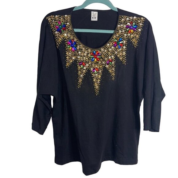 Now Collection Design Vintage Top Size Large Dolman Sleeve Cotton Sequin Beaded - Picture 9 of 9